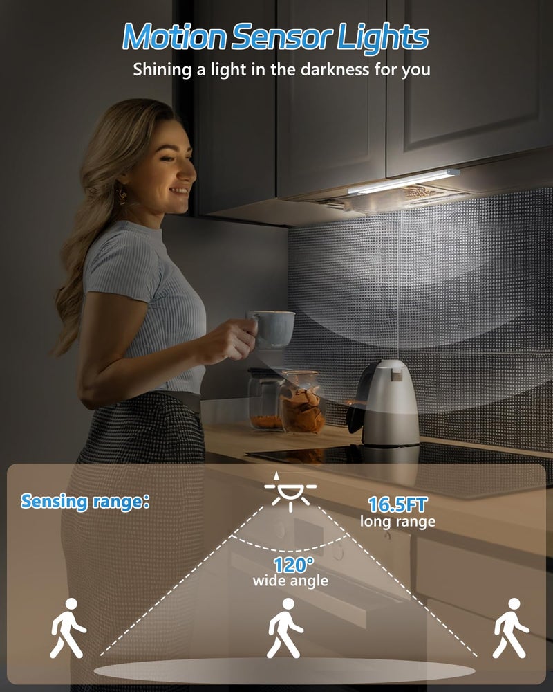 HIBOITEC Motion Sensor Under Counter Lights 2 Pack Rechargeable, 30-LED Wireless Cabinet Lighting Magnetic Self-Adhesive, 180lm Ultra Thin Closet Light for Kitchen, Cupboard, Drawer, Hallway, White - Image 2